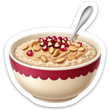 bowl of oatmeal with peanut butter, coconut flakes and pomegranate seeds sticker