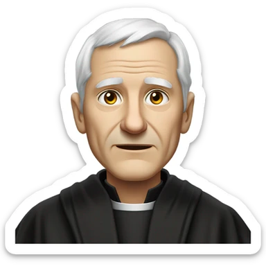 "An older man with thinning white hair, a weathered face, and a solemn expression. He wears a black robe with a clerical collar and holds a Bible or rosary, standing in a modest church." sticker