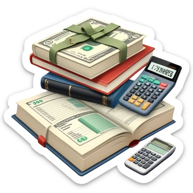 Icon for Business Reading: an open book with graphs, numbers, percentages, formulas, and text on the pages, next to a stack of books, a pile of dollars, a calculator and business magazines like Forbes. Transparent background. sticker