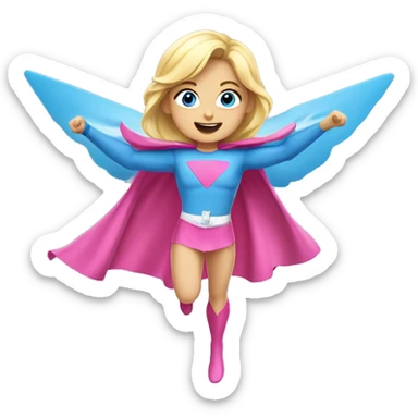 young blonde girl, blue eyes, wearing pink superhero costume, flying with both arms up sticker
