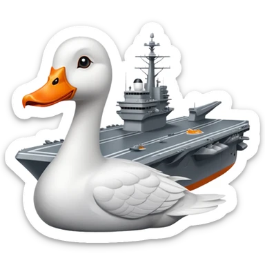 A gray military aircraft carrier with a white goose head and orange beak at the front of the ship sticker
