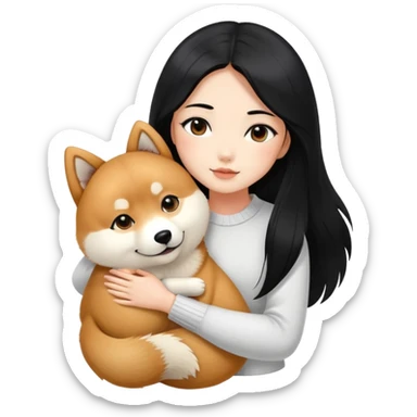 A beautiful girl with long black hair hugs a Shiba Lnu sticker