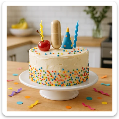 realistic style, concept of supplementation as the cherry on the cake, supplement placed on top of a decorated cake, cheerful atmosphere, creative details, modern kitchen sticker