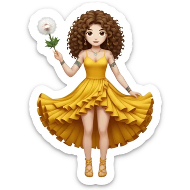 full body woman long curly brown hair brown eyes white skin tattoos muscular build dandelion seed spirit dress made of floating fluff sticker