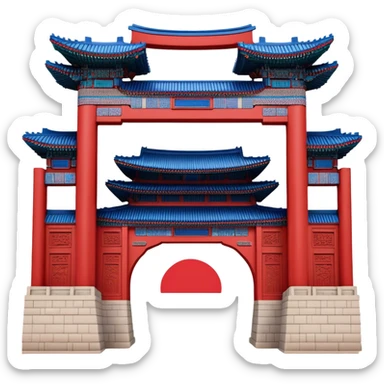 ​Cinematic Realistic Gwanghwamun Gate, depicted as a majestic historic gateway with traditional Korean architectural details, vibrant red and blue accents, and intricate carvings, set against a backdrop of modern Seoul under dynamic, natural lighting that highlights its timeless grandeur, sticker