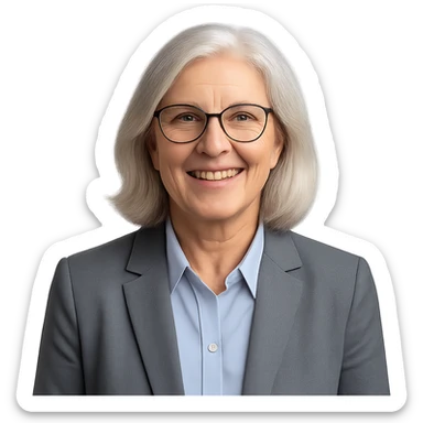 72-year-old professional woman, bright expression, wearing glasses, neat shirt and jacket sticker