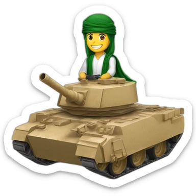 the prince from Saudi Arabia in the shemagh national headdress riding on a tank, smiling sticker