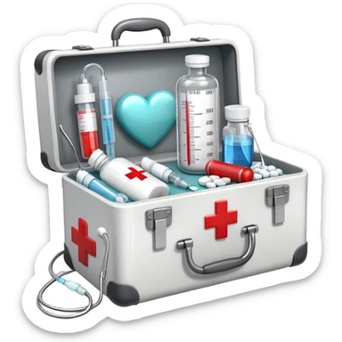An icon featuring a medical suitcase with a red cross, a bottle of pills, a stethoscope, and a syringe, symbolizing medicine. The design includes a thermometer, bandages, and a heart monitor, representing healthcare and medical treatment. Transparent background highlights the science of healing. sticker