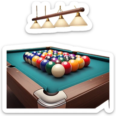 A well-arranged pool table with colorful billiard balls neatly placed, and a cue stick poised to take a shot. The setting is a dimly lit room with a focused atmosphere, highlighting the precision and strategy involved in the game of billiards. sticker