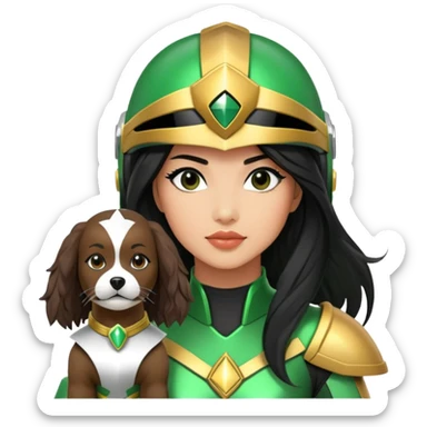 female green power ranger with wasian features, long black hair flowing from helmet, cockapoo dog at her side sticker