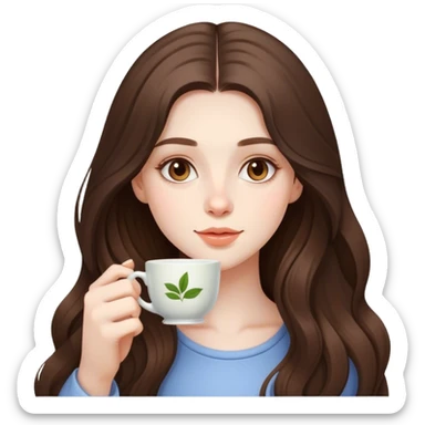  beautiful pale brunette girl with long hair drinking tea sticker