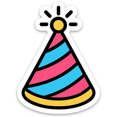 party hat, color outline icon style, playful colors, black outlines, modern icon look sticker