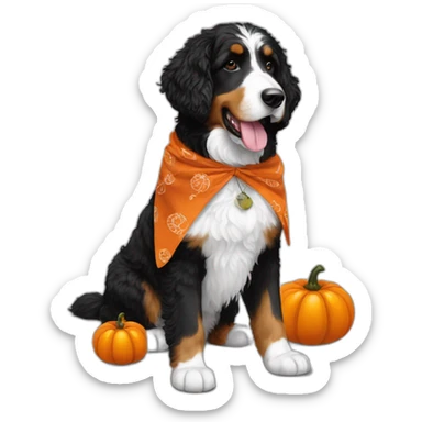 black and white bernedoodle with a pumpkin and fall bandana sticker