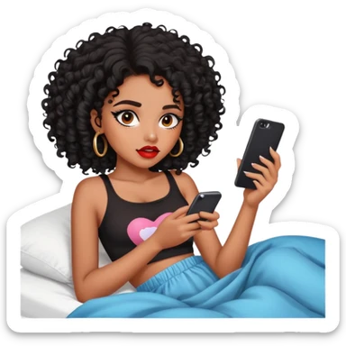 Brown-skinned teenage girl with curly black hair lying on bed looking at phone, heavy makeup, big lips, crop top, choni style sticker