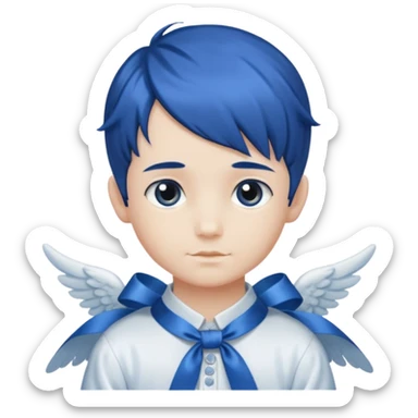 A graceful angel boy with deep blue hair tied in a ribbon, spreading gentle light.








 sticker