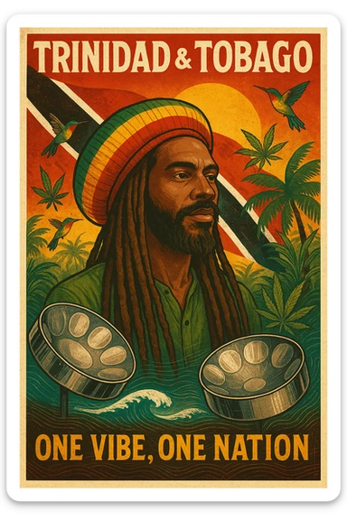 Create a vibrant digital illustration in vintage poster style featuring a proud Trinidadian Rasta man with long dreadlocks and a bold red, gold, and green tam. The background should incorporate the Trinidad and Tobago flag in a stylized, textured way — using deep red, black, and white tones that blend with tropical elements. Surround the figure with iconic cultural symbols like steelpan drums, ganja leaves, and hummingbirds in flight. Add warm Caribbean sunlight, ocean waves, and lush greenery to enhance the island energy. The Rasta man should radiate peace, power, and island wisdom — with bold facial features, calm expression, and a sense of spiritual presence. The overall tone should be rootsy, regal, and rich with island soul — merging reggae culture with Trinidadian pride. Optional accents: subtle soca rhythm lines in the background or a quote like “One Vibe, One Nation.” sticker