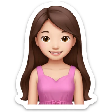 girl aesthetic emoji, asian beautiful long brown hair pink dress sticker