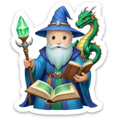Icon for Fantasy and Sci-Fi Literature: a magical book with glowing pages, surrounded by a dragon, a spaceship, and a wizard with a staff. The icon should capture the adventurous and imaginative world of fantasy and science fiction. Transparent background. sticker