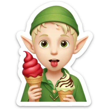
A young elf boy in leafy clothes licking a triple-scoop ice cream with wide eyes.


A tall elegant elf with long braids enjoying a mint swirl cone under soft light.




 sticker
