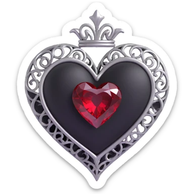 3D emoji gothic heart, black velvet with silver filigree and a deep red gemstone center sticker
