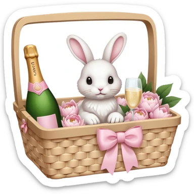 A white Picnic basket with light pink bow, white peonies, a white rabbit and one pink champage bottle inside sticker