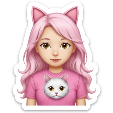 girl with long wavy white hair and cat ears wearing pink tshirt sticker