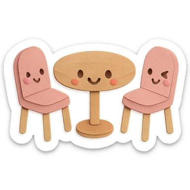 kawaii coffee shop table and chairs set with winking faces, soft pastel hand-drawn illustration sticker