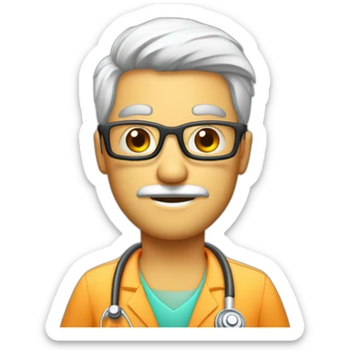 Hombre médico muy delgado, sin bigotes, de pelo blanco escaso, con gafas transparentes con un estetoscopio en el cuello sticker