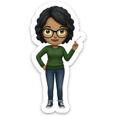 A girl smoking a cigarette with black hair, glasses, hazel eyes and a navy green sweater on with jeans sticker