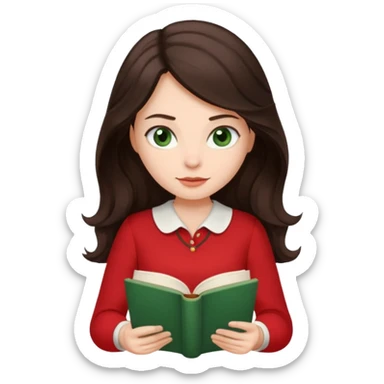 Long wavy dark brown haired, white skinned, dark green eyed girl in red blouse reading a book sticker
