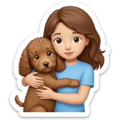One girl with medium long brown hair dressing baby blue T-shirt, hugging One little brown coated labradoodle. sticker