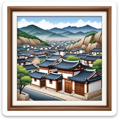 Cinematic Realistic Bukchon Hanok Village Landmark Emoji, depicted with traditional Korean houses set against a scenic backdrop rendered with detailed textures and warm, inviting lighting. sticker