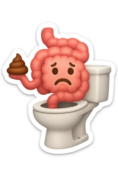 emoji stile iphone di un intestino che esce dal wc con in mano una montagnetta di feci con espressione triste a palline sticker