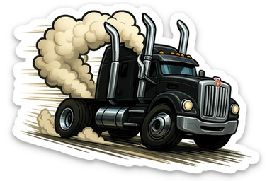 Animate the black Kenworth W680 cartoon truck with chrome stacks and thick smoke, showing it moving fast down the road with strong motion blur, speed lines, and a dynamic pose. Keep the fun cartoon style and transparent background. sticker