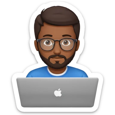 23 year old Azerbaijani man with very dark brown hair and beard with glasses and laptop sticker