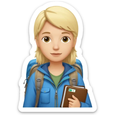 blonder haired Traveler character with passport, backpacker,  sticker