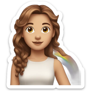 Girl with brown straight hair past shoulders and brown eyes riding a rainbow haired unicorn  sticker