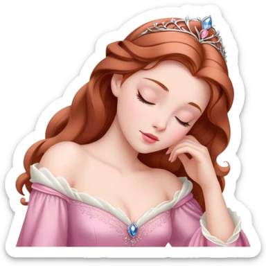 Cinematic Elegant Sleeping Beauty Portrait Emoji, rendered in a realistic, vector-style with minimal shading and bold, simplified shapes. Depict Aurora (Sleeping Beauty) (chest and above) with delicate porcelain skin, soft auburn hair styled gracefully, and gentle, dreamy eyes, dressed in her classic pink gown. The image glows with a soft, enchanting radiance and high shine, capturing timeless regal beauty. sticker
