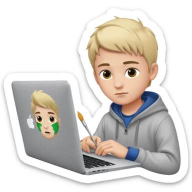 boy working in Macbook, he is graphic designer and paint artist sticker