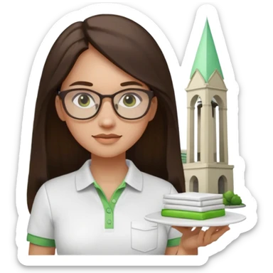 architect woman light skinned dark brown hair in WHITE POLO touch of light green, long hair but then wearing proper architeture attire with plates on the backgrounf sticker