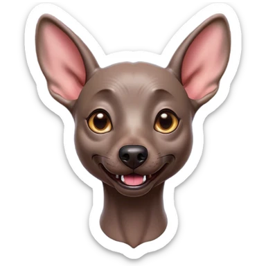 Cinematic Comical Xoloitzcuintle dog Portrait Emoji, Head tilted dramatically with an exaggeratedly amused expression, featuring smooth, hairless ebony skin with pronounced wrinkles and wide, expressive dark eyes filled with playful disbelief, Simplified yet hilariously expressive features, highly detailed, glowing with a slightly sassy glow, high shine, dramatic yet playful, stylized with an air of cheeky mischief, bright and endearing, soft glowing outline, capturing the essence of a spirited and over-the-top companion, so meme-worthy it feels like it could side-eye its way into internet fame instantly! sticker