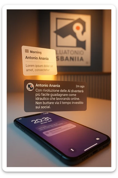 A photo of an iPhone with the message "Antonio Anania" on its screen, hovering over it is another document floating in mid-air, both surrounded by soft light and shadow. The phone sits atop a desk with a blurred background that suggests work environment. A faint glow from above casts gentle shadows across the surface of each object, creating depth and highlighting their textures. sticker
