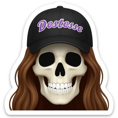 Create a skeleton head wearing a black baseball cap that says "Destinee" in lavender, and white lettering, with long brown hair sticker