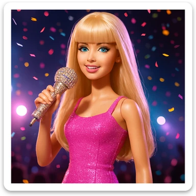 Pretty and girly Blonde pop star with bangs, holding a bedazzled microphone, reimagined as a Barbie doll, with a nighttime concert backdrop with colorful confetti sticker