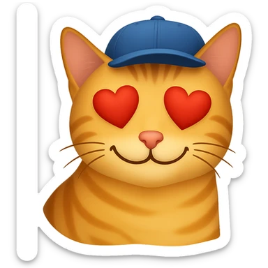 Change the cat's face expression to love (heart eyes or loving smile), keep the blue cap, and set the background to transparent. The style should resemble emoji style with simple and clear features. sticker
