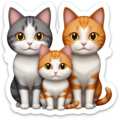 3 different coloured tiny short haired cats, including a dark grey and white cat, and a dark brown tabby and white and a ginger and white sticker