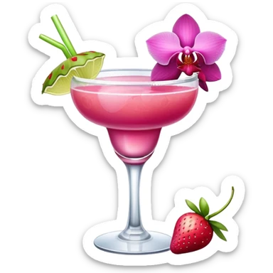 Pink margarita in a round cup with a strawberry on the rim and a orchid flower as garnish sticker