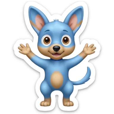 A cartoon blue dog with large eyes and upright ears, standing on two legs with arms wide open in surprise or excitement. The dog is light blue with darker blue patches and has a tan snout and inner ears. The expression is playful and energetic sticker