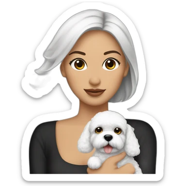 mujer piel blanca cabello negro con chongo y perro bichon maltés blanco sticker