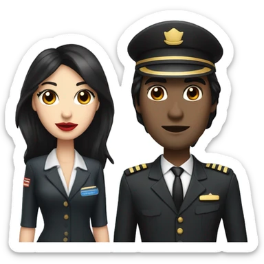 Flight attendant with long black hair, red lips and white skin with a pilot man with beige skin and black hair sticker